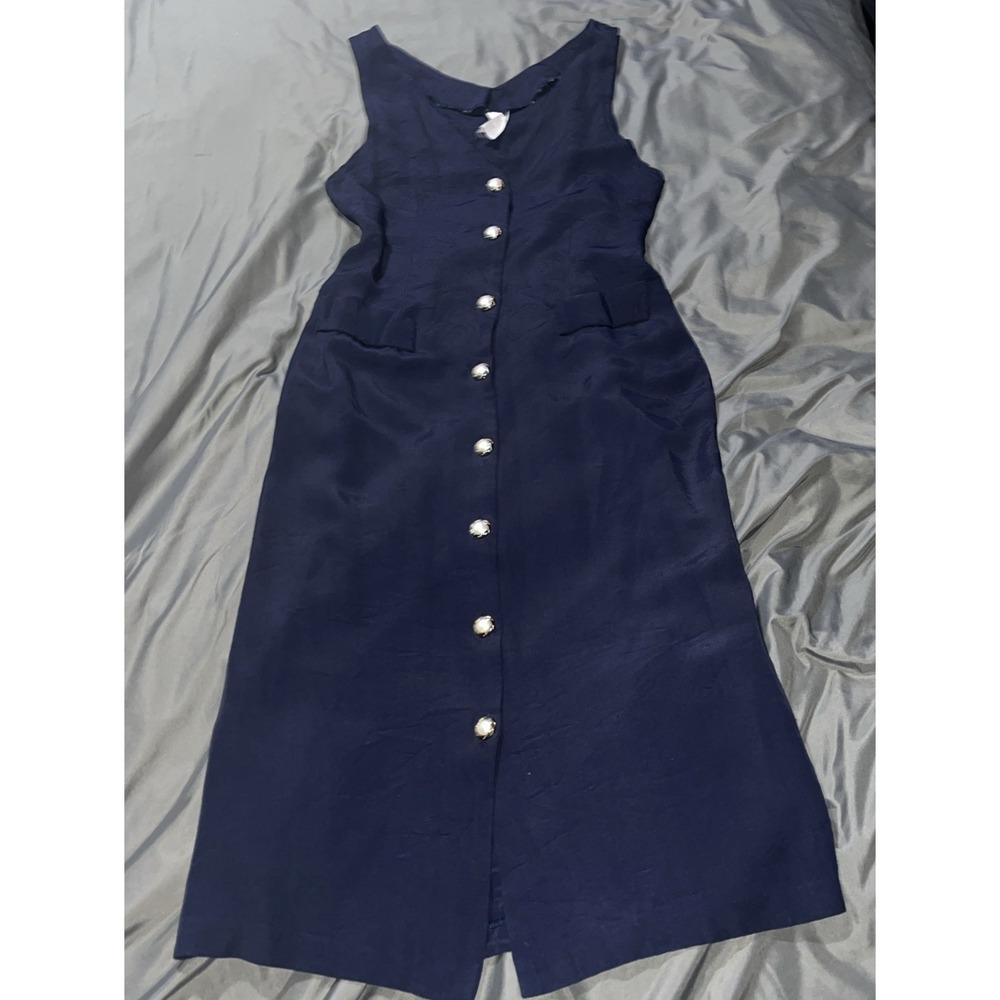 Vintage Sleek Slimming navy blue sleeveless midi dress gold-toned buttons 11/12